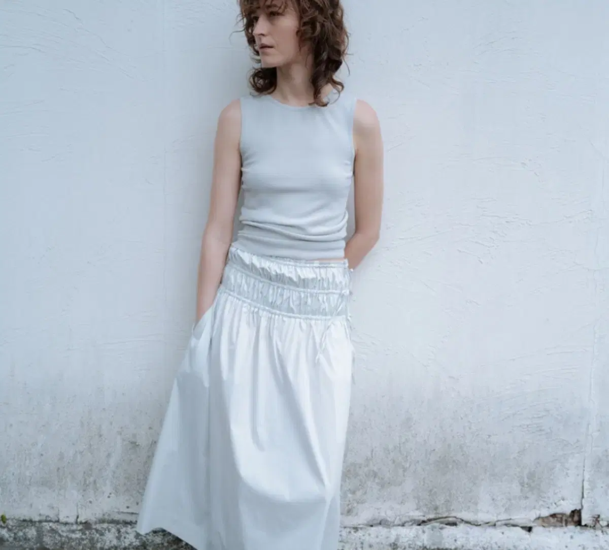 모노하 cotton shirring skirt white